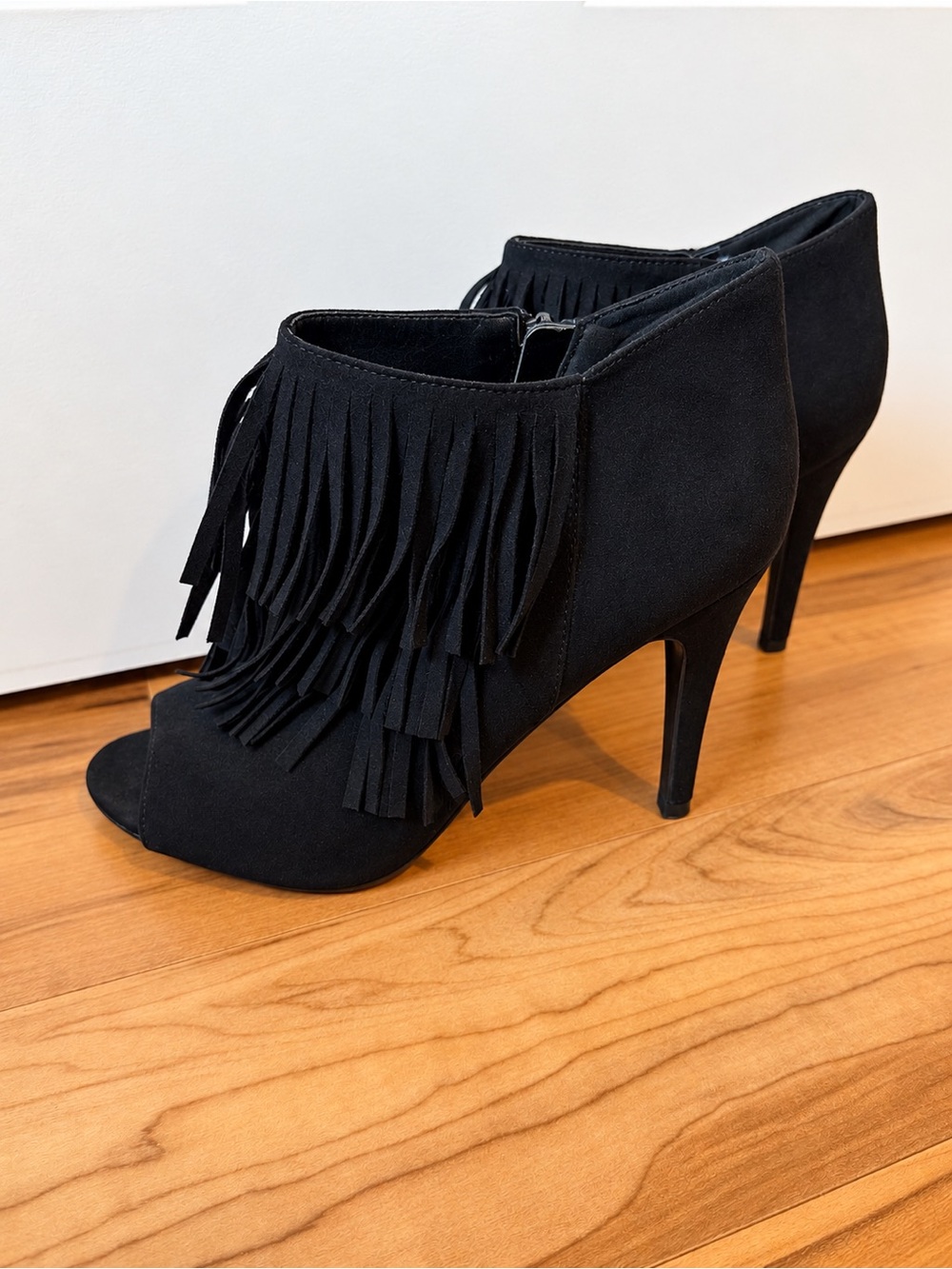 Aldo Black Fringe Peep-Toe Stiletto Booties